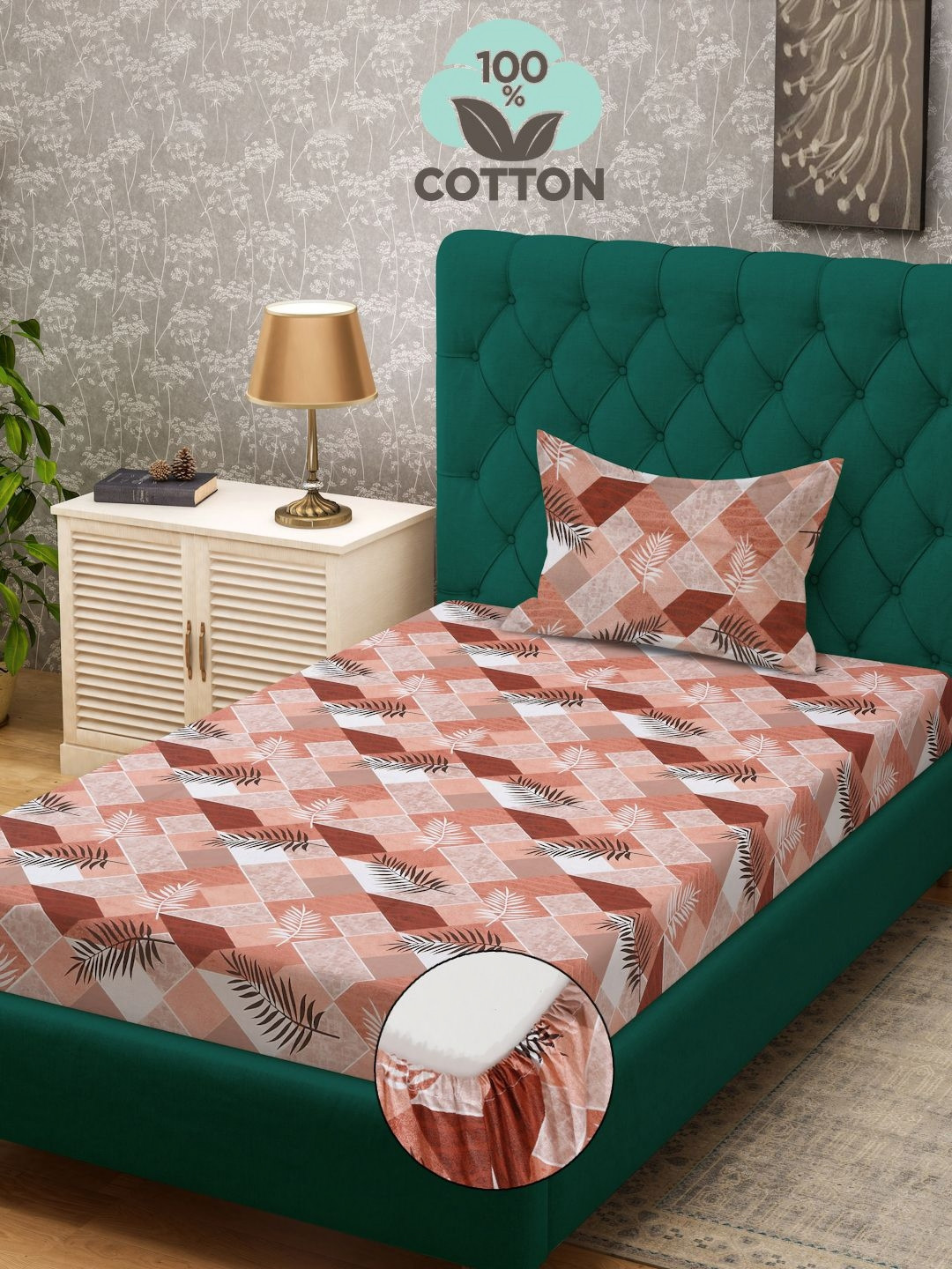 KLOTTHE Rust & White Printed Pure Cotton 400TC Single Fitted Bedsheet & 1 Pillow Cover