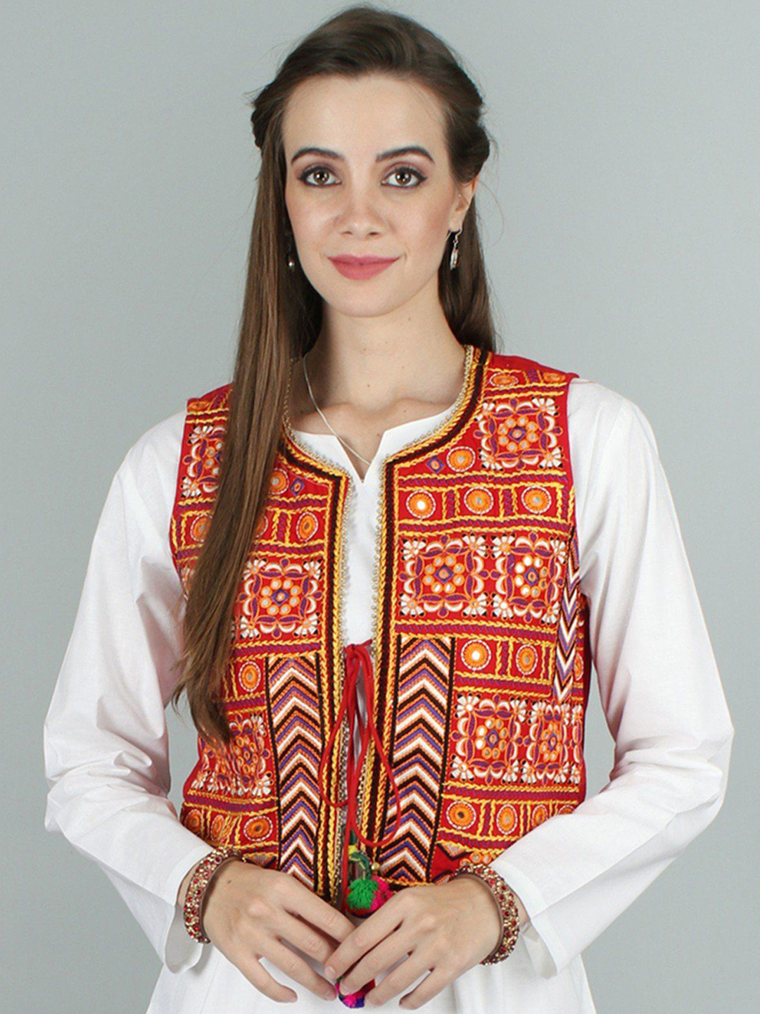 Exotic India Urban Red Waistcoat with Floral Meena Gota Embroidery and Bead Work on Edges