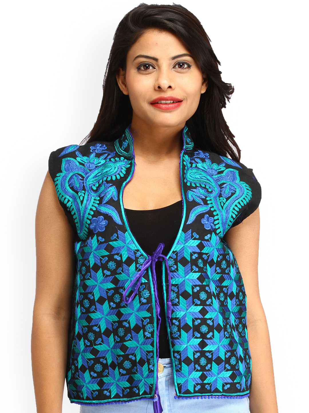 Exotic India Black And Blue Phulkari Embroidered Silk Short Waistcoat