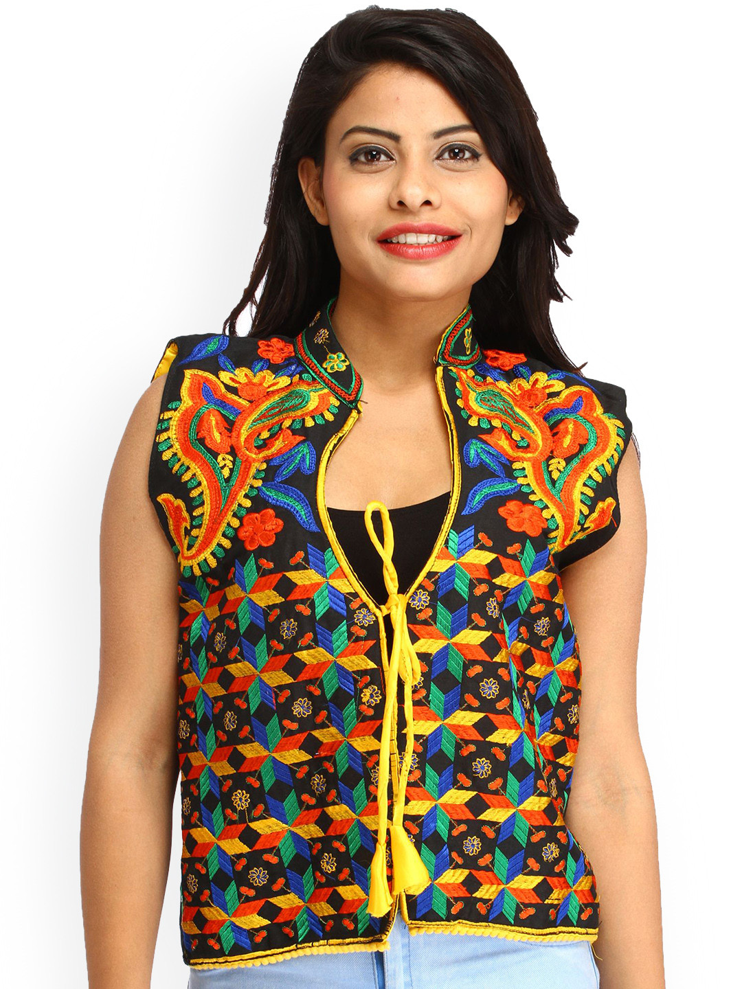 Exotic India Black And Daffodil Phulkari Embroidered Silk Short Waistcoat