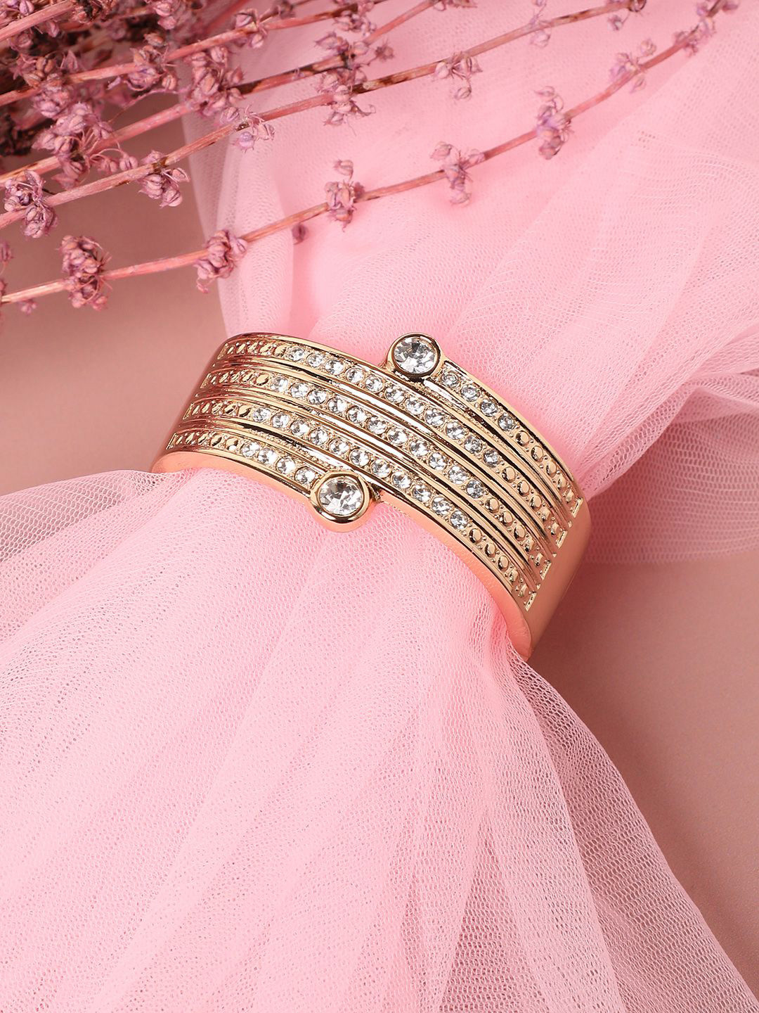 SOHI Gold-Plated Stones Studded Lined Cuff Bracelet
