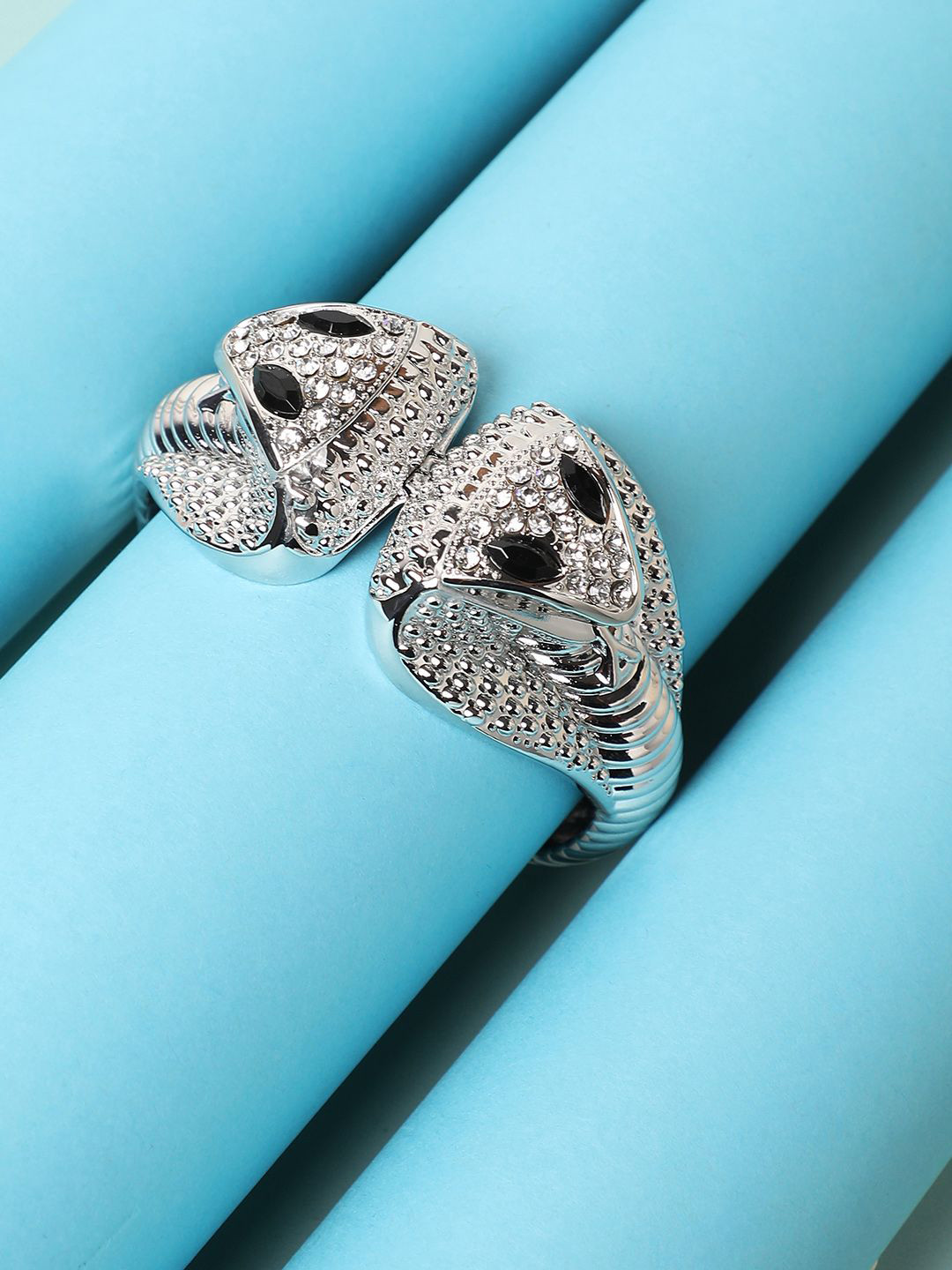 SOHI Silver-Plated Stones Studded Snakehead Cuff Bracelet