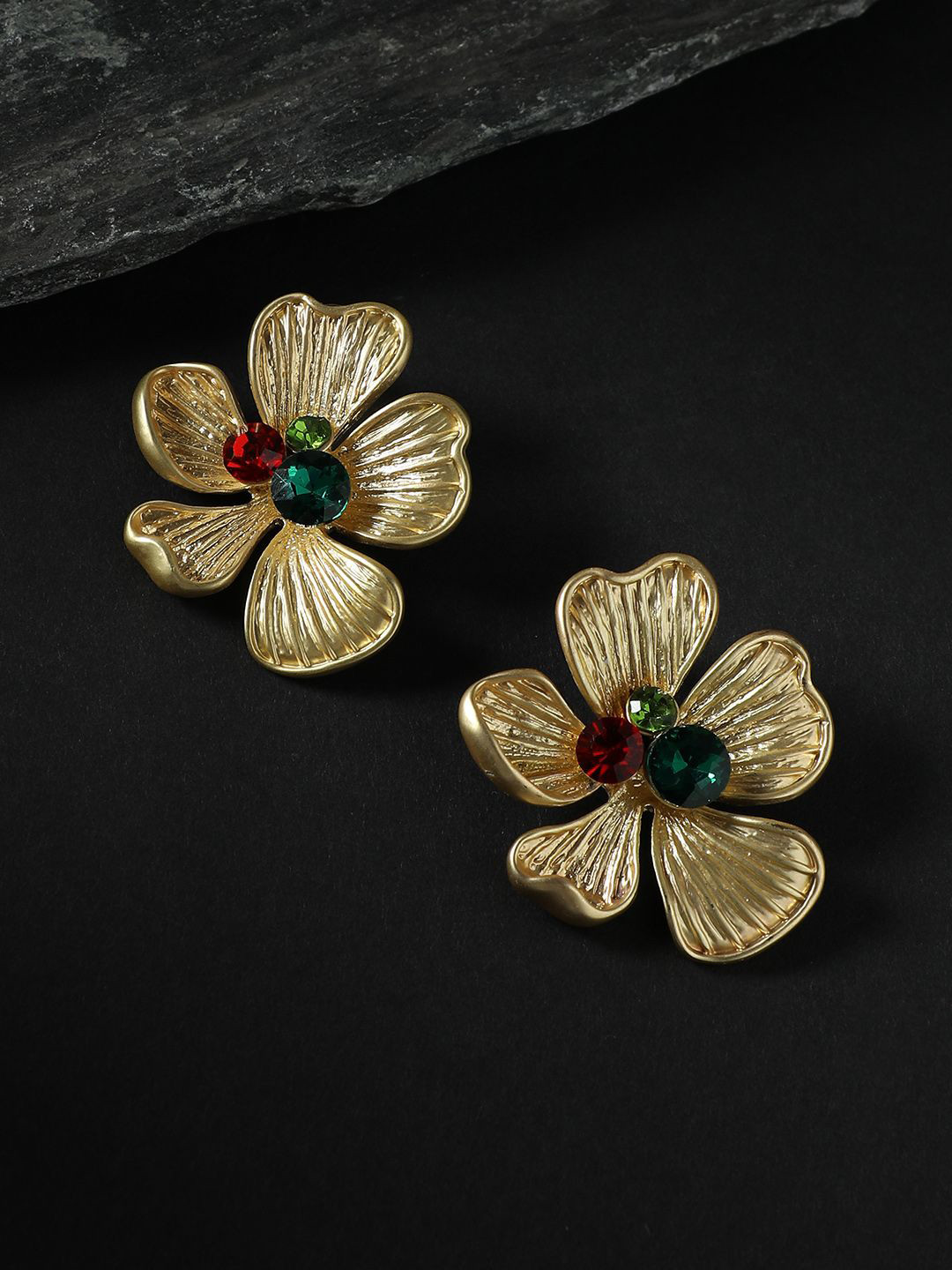 SOHI Gold-Plated Stones Studded Luminous Petal Floral Studs Earrings
