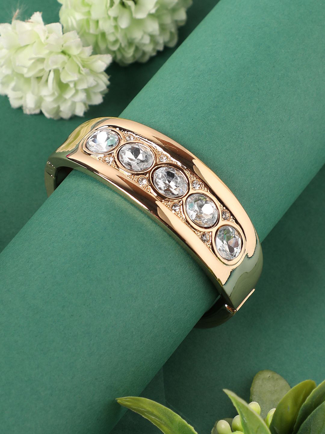SOHI Gold-Plated Stones Studded Maxi Crystal Cuff Bracelet