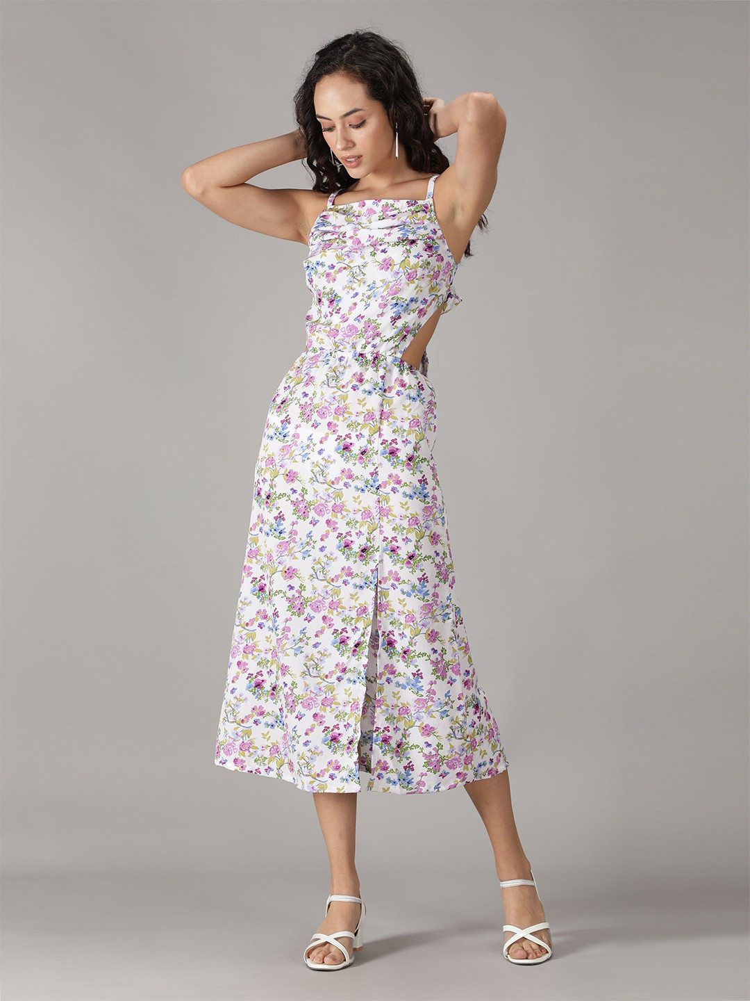 smisingbee Floral Print Cold-Shoulder Fit & Flare Midi Dress