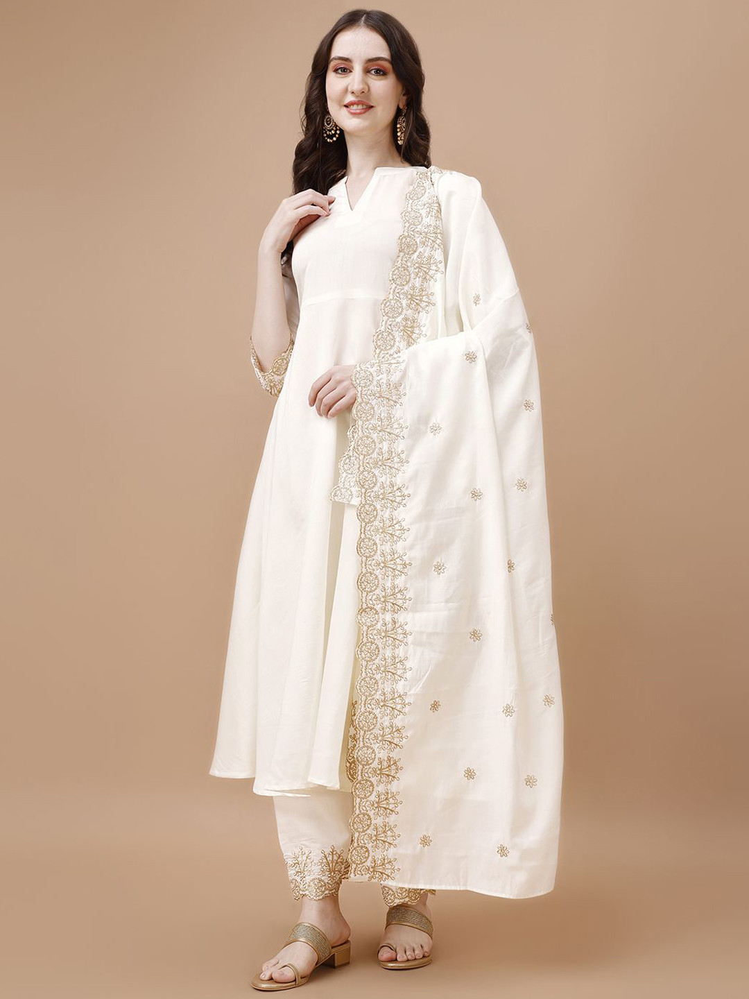KALINI Mandarin Collar Thread Work A-Line Kurta With Palazzos & Dupatta