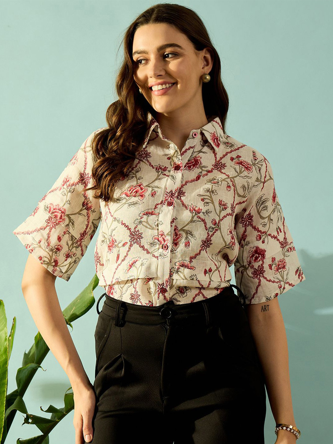 The Kaftan Company Floral Printed Cotton Shirt Style Top