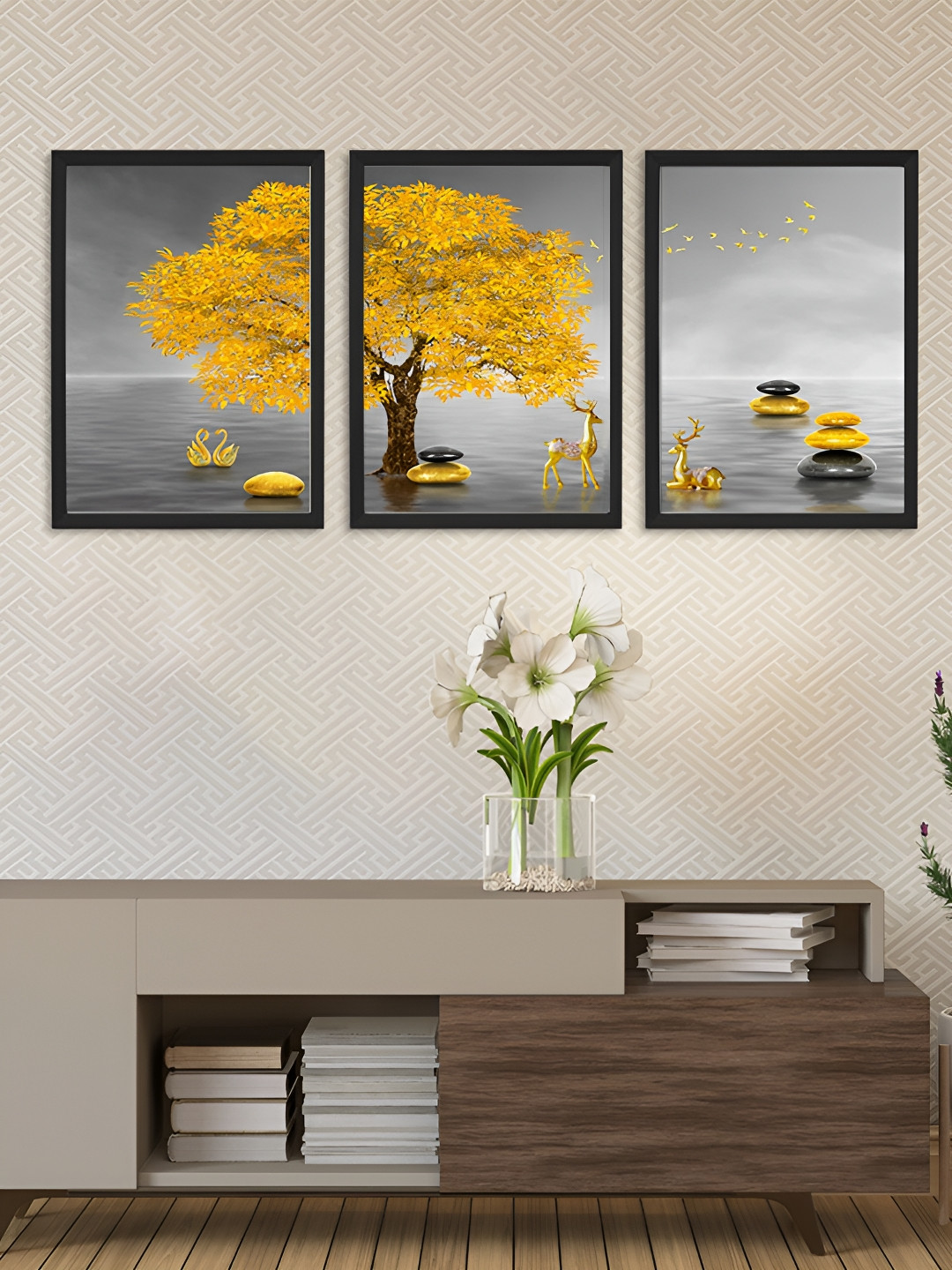 Giftii Tree Theme Wood 3 Piece Wall Rectangle Paintings Wall Art - 13 x 9In