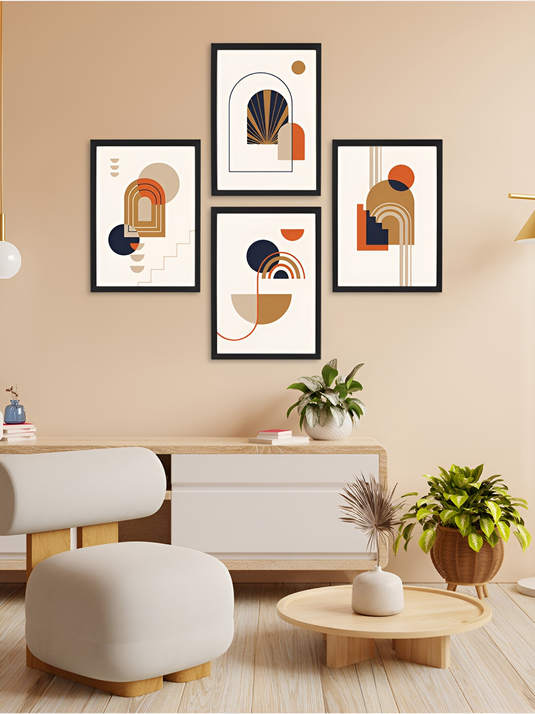 Giftii Navy Blue Wood 4 Pcs Wall Living Room Rectangle Paintings Wall Art -9 x 13In