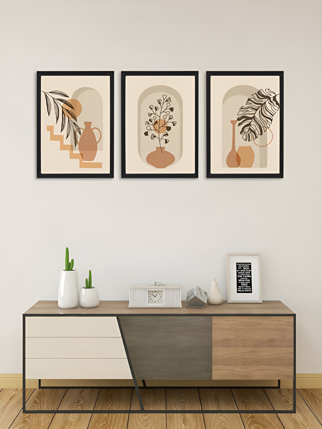 Giftii Brown & Black 3 Pieces Wooden Abstract Painting Wall Art