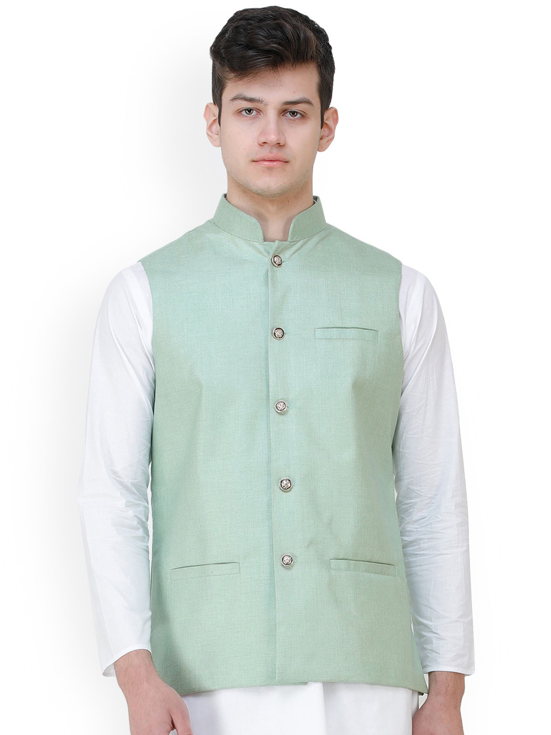 Exotic India Green Gage Casual Waistcoat with Zero Checks in Weave and Front Pockets
