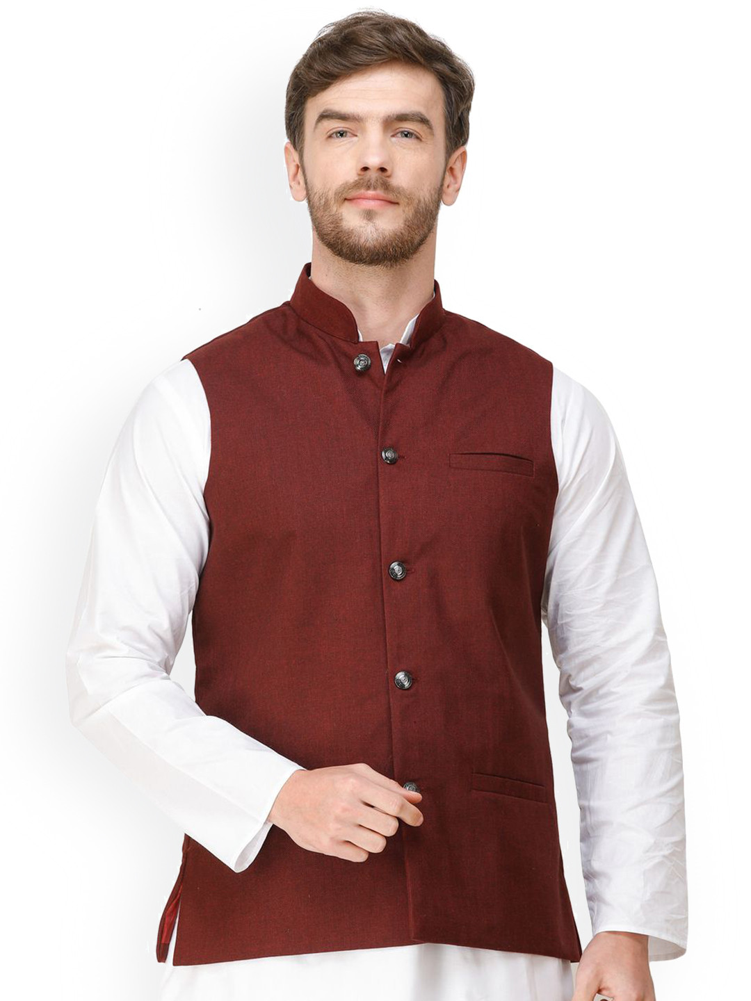 Exotic India Oxblood Red Front Pockets Waistcoat with Woven Diagonal Stripes