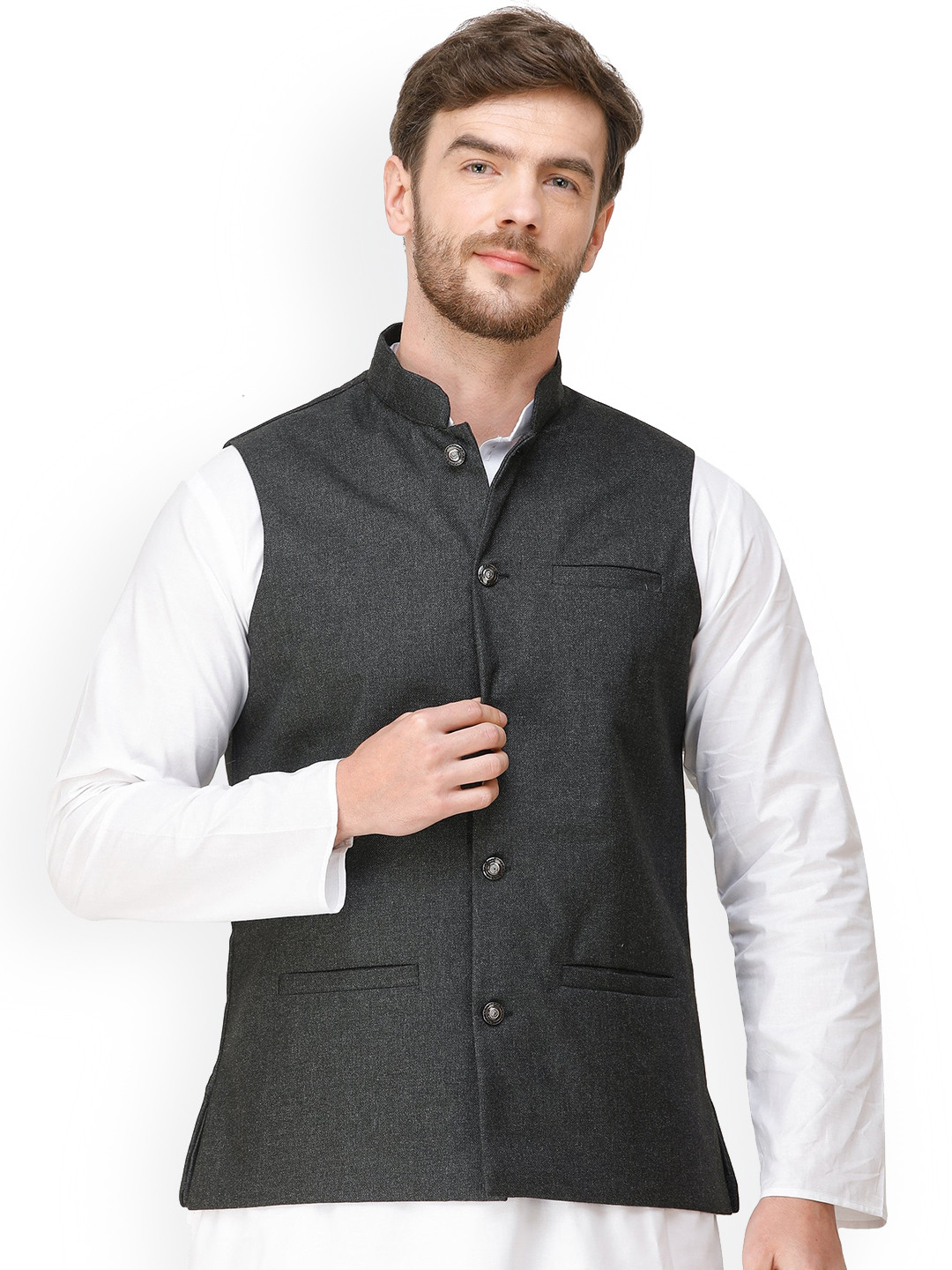 Exotic India Charcoal Gray Front Pockets Waistcoat with Woven Diagonal Stripes