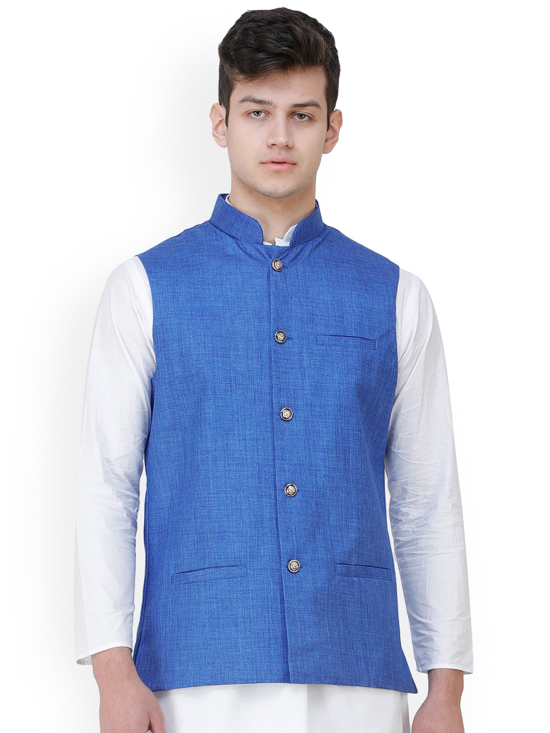 Exotic India Dazzling Blue Casual Waistcoat with Zero Checks in Weave and Front Pockets