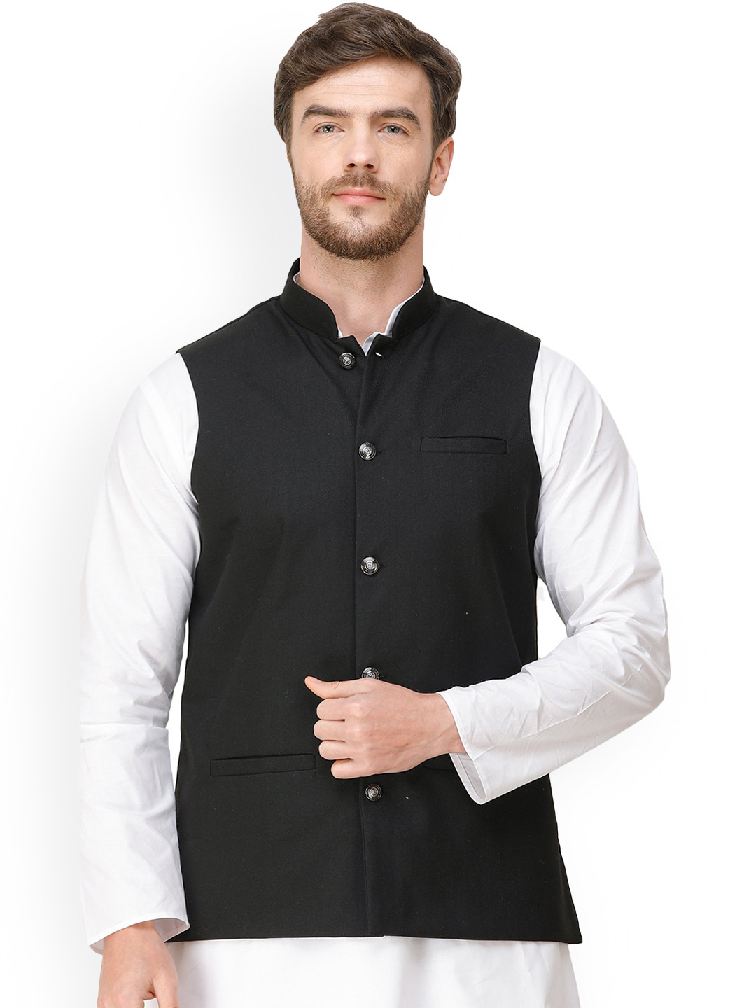 Exotic India Caviar Black Front Pockets Waistcoat with Woven Diagonal Stripes