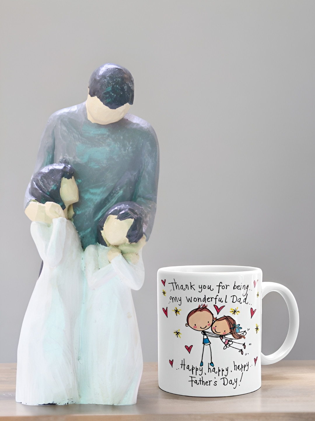 bettergiftflowers White & Grey 2 Pieces Printed Father With 2 Daughters Showpiece And Mug