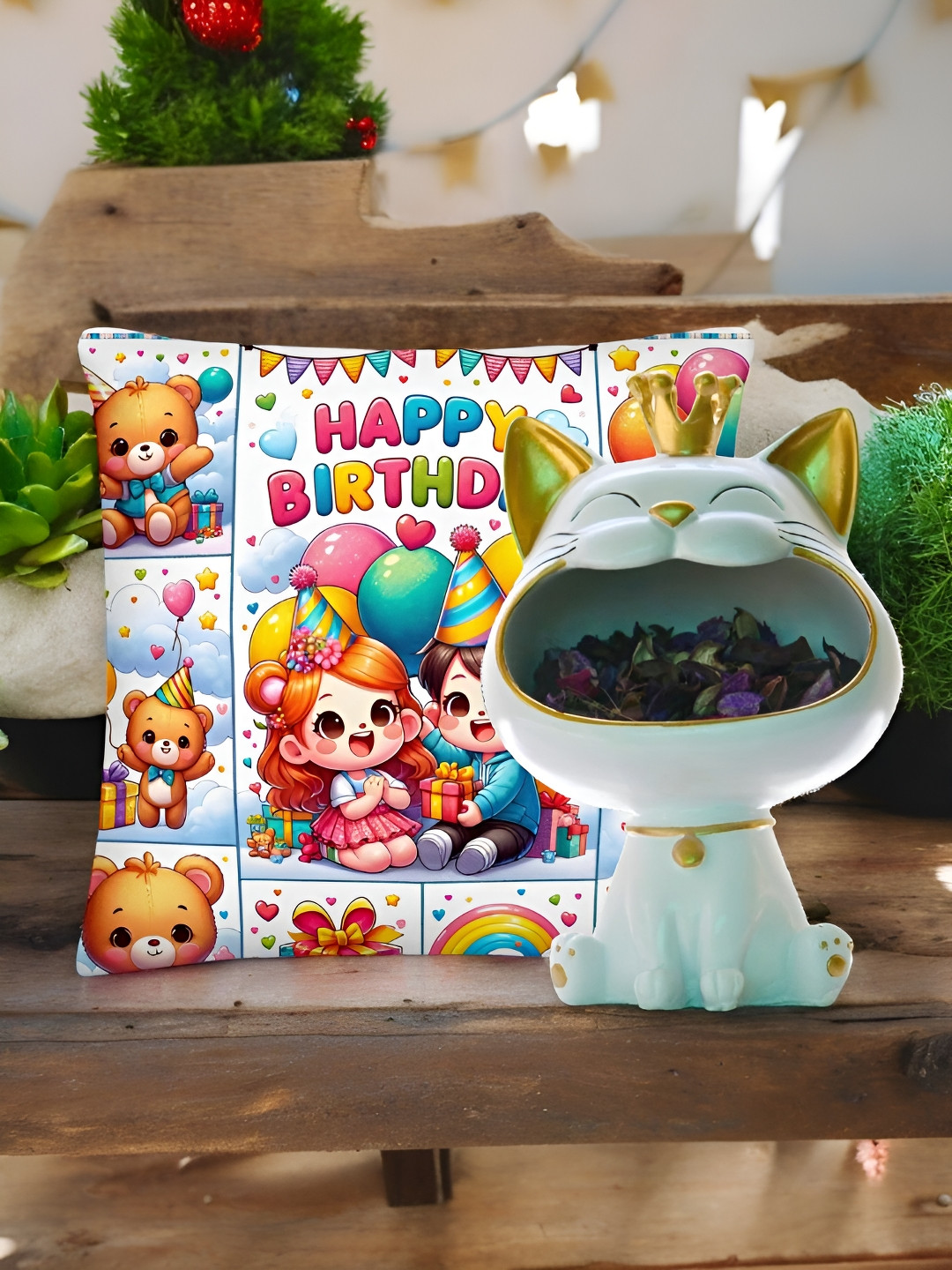 bettergiftflowers White & Red Printed Showpiece & Happy Birthday Cushion Home Gift Sets