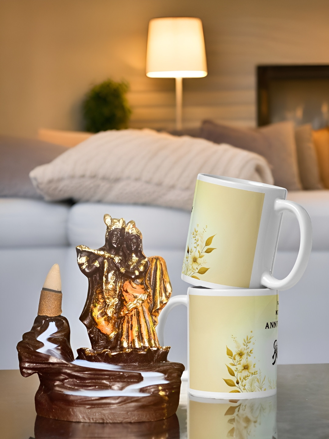 bettergiftflowers Orange-Coloured & Yellow 3 Pcs Radha Krishna Smoke Fountain With Mugs