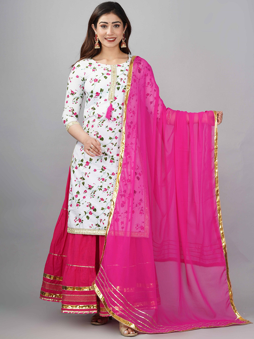 ELVISH JAIPUR Floral Printed Round Neck Gotta Patti Pure Cotton Kurta with Skirt & Dupatta