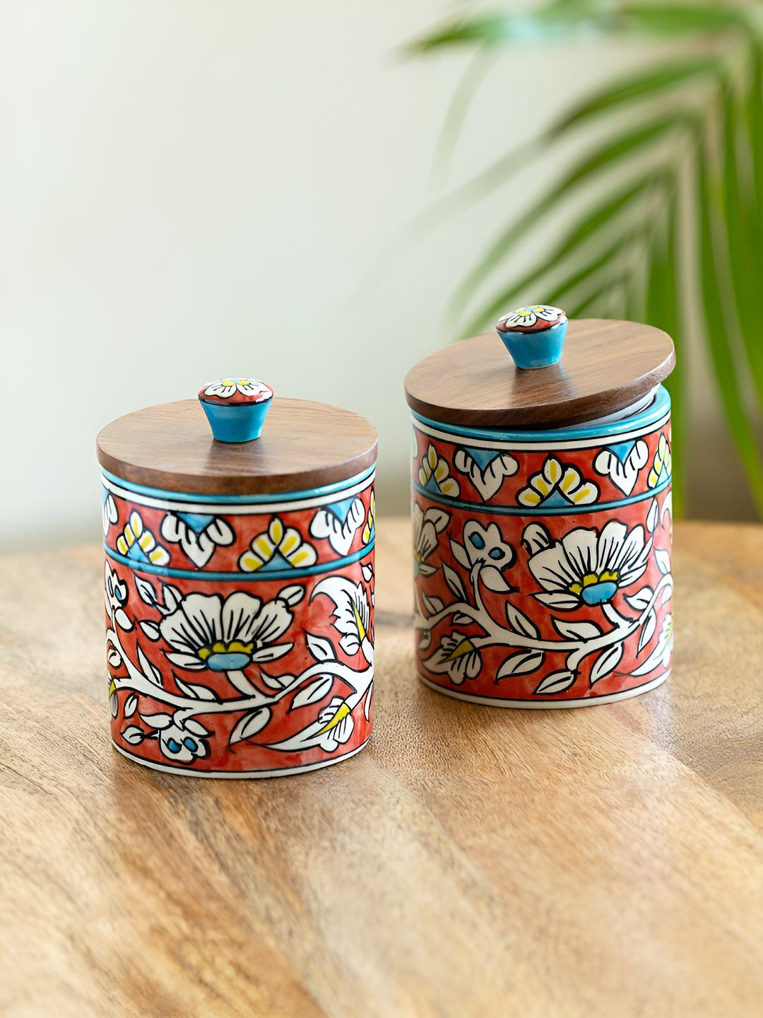 ExclusiveLane 2 Pieces Res & White Mughal Barrel Ceramic Jars 420 ml