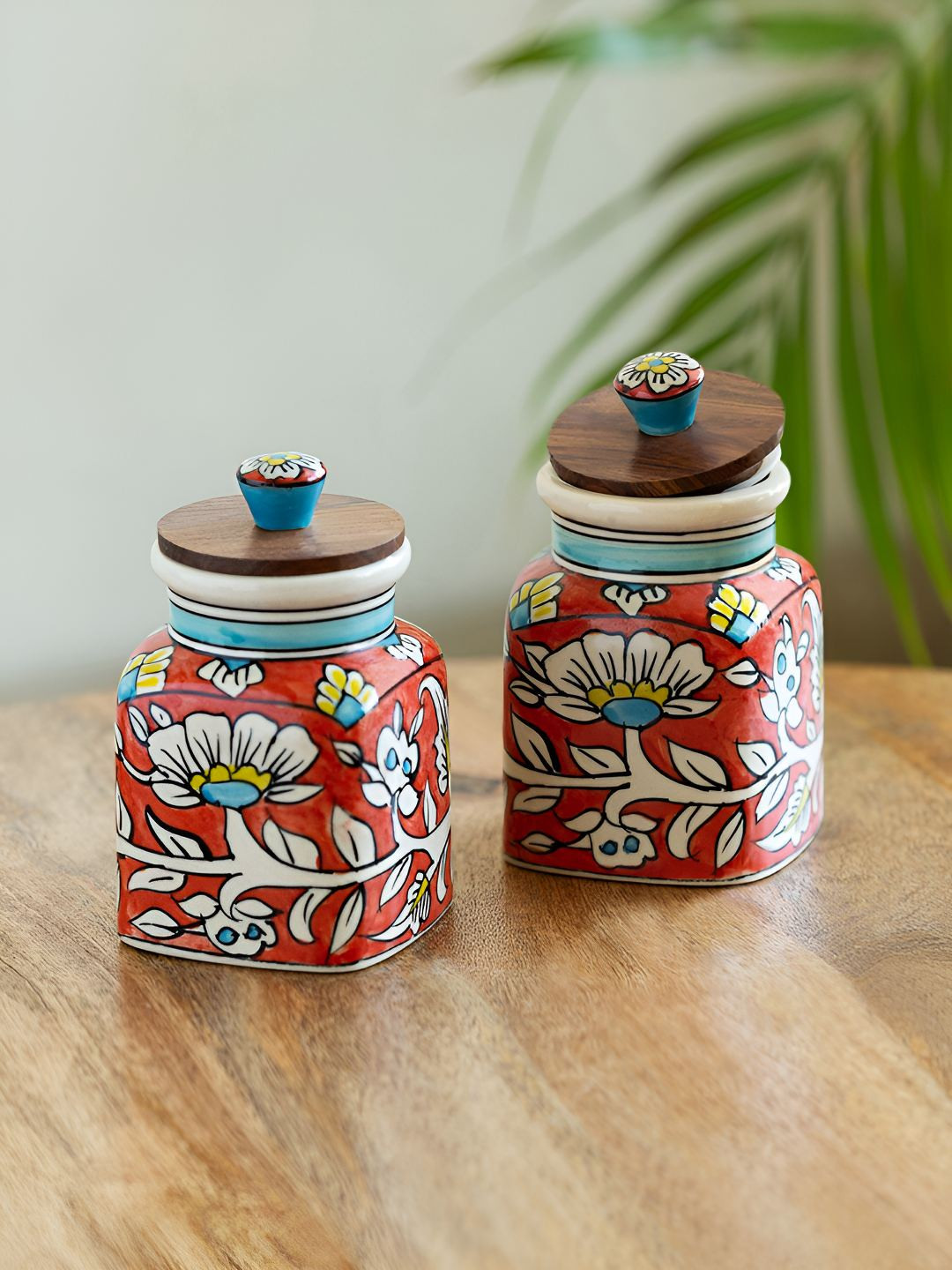 ExclusiveLane Red & White 2 Pieces Mughal Classic Ceramic Jars 410 ml
