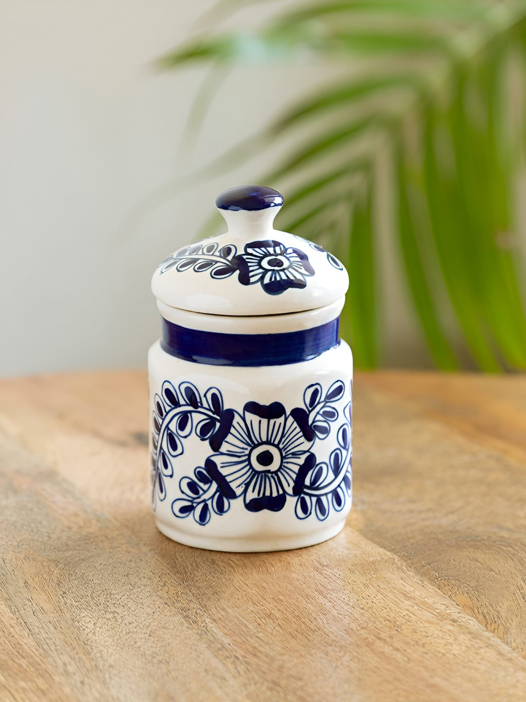 ExclusiveLane Mughal Gardens Navy Blue & White Ceramic Jar 420 ml