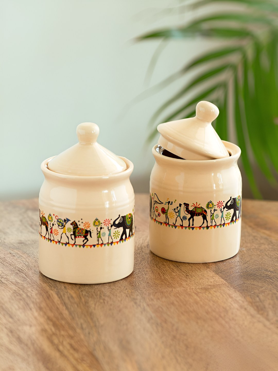 ExclusiveLane Cream 2 Pieces Elephant Motif Ceramic Jars 540 ml