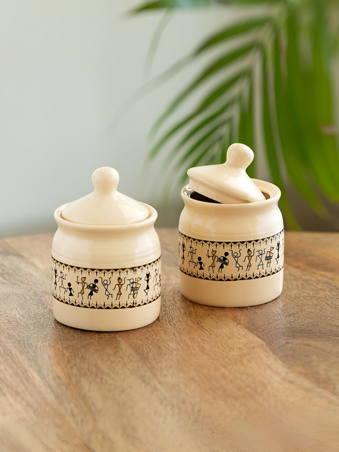 ExclusiveLane Cream & Black 2 Pieces Art Of Warli Ceramic Jars 280 ml