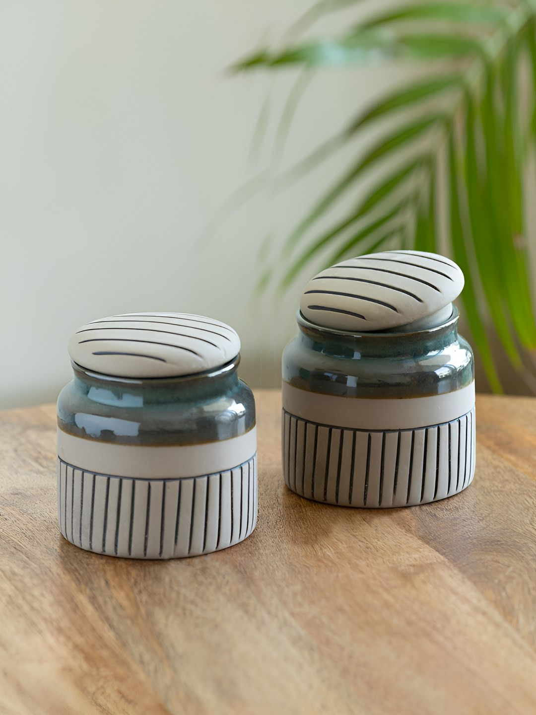 ExclusiveLane Grey & Teal 2 Pieces Pine Incise Ceramic Jars 480 ml