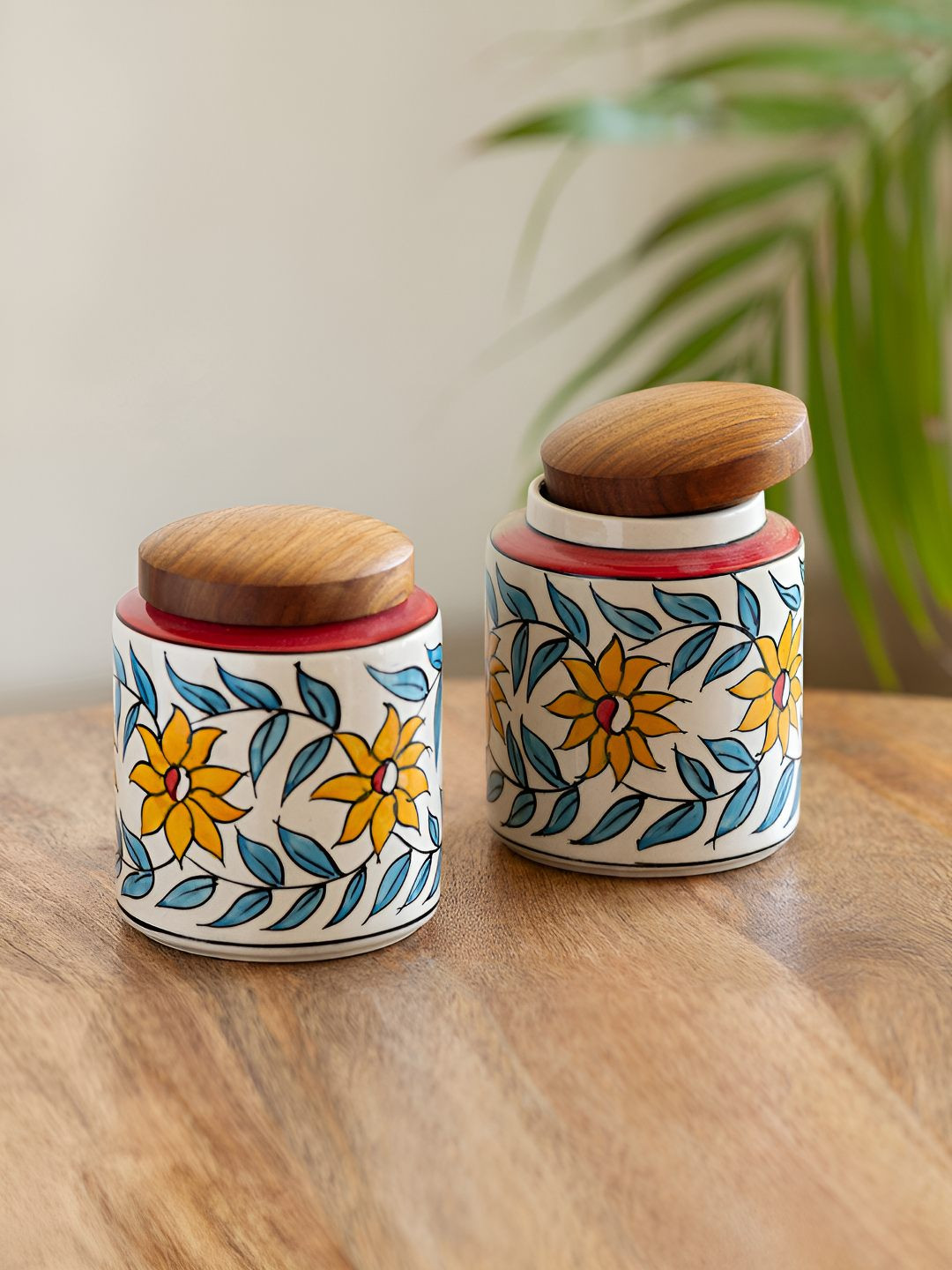 ExclusiveLane White & Brown 2 Pieces Persian Floral Ceramic Jars 600 ml