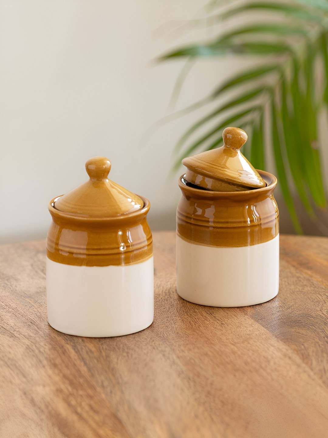 ExclusiveLane White & Brown 2 Pieces Old Martaban Ceramic Jars 540 ml