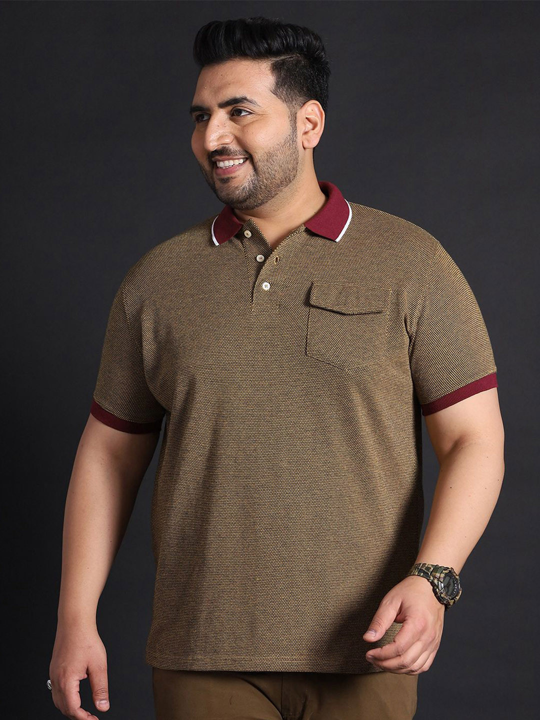 bigbanana Men Solid Polo Collar Pocket Plus Size Pure Cotton T-shirt