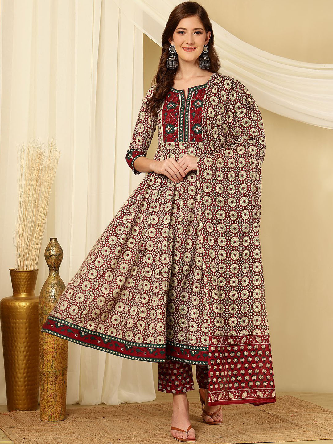 Mizaz Floral Printed Sequinned Pure Cotton Anarkali Kurta With Trousers & Dupatta