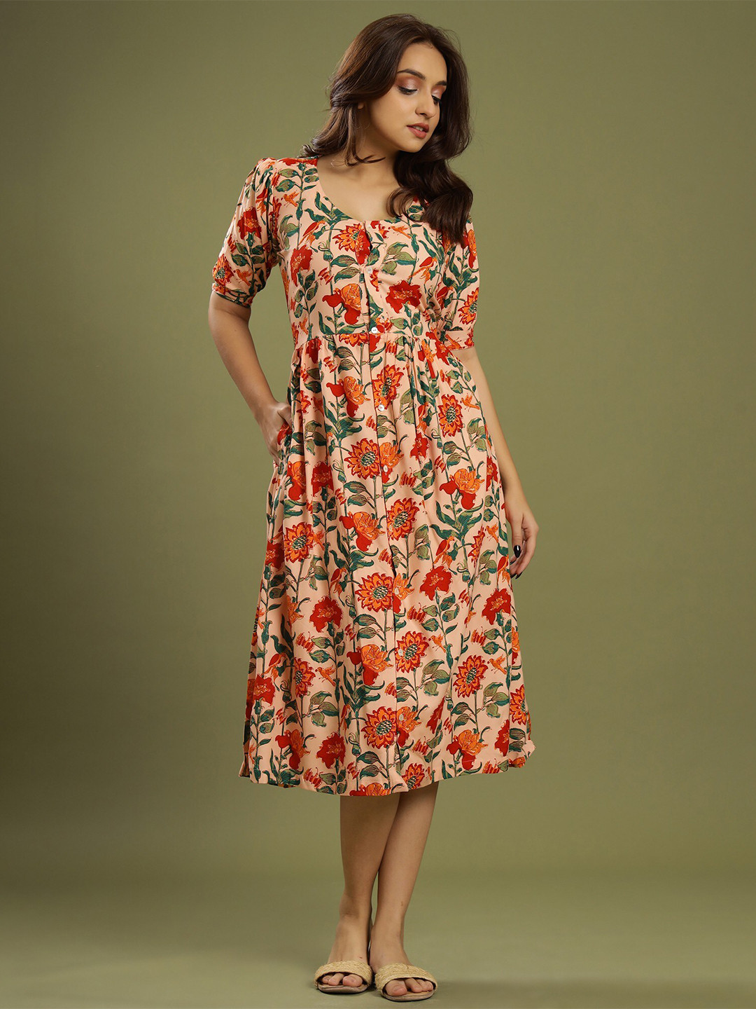 Negen Floral Printed Fit and Flare Midi Dress