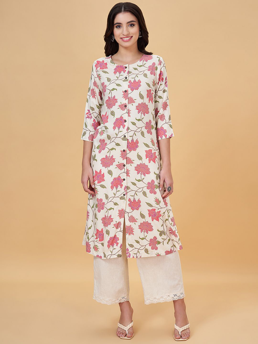 RANGMANCH BY PANTALOONS Floral Printed Round Neck Three-Quarter Sleeves Kurta