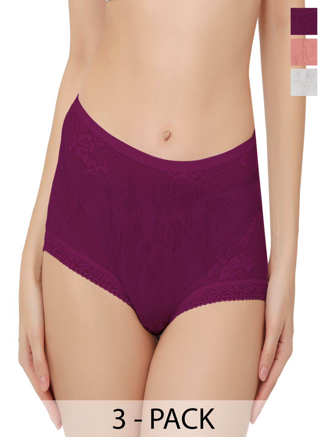 Bella Voste Pack of 3 Self Design Lace Hipster Briefs PT-8807-Peach-White-Wine-L