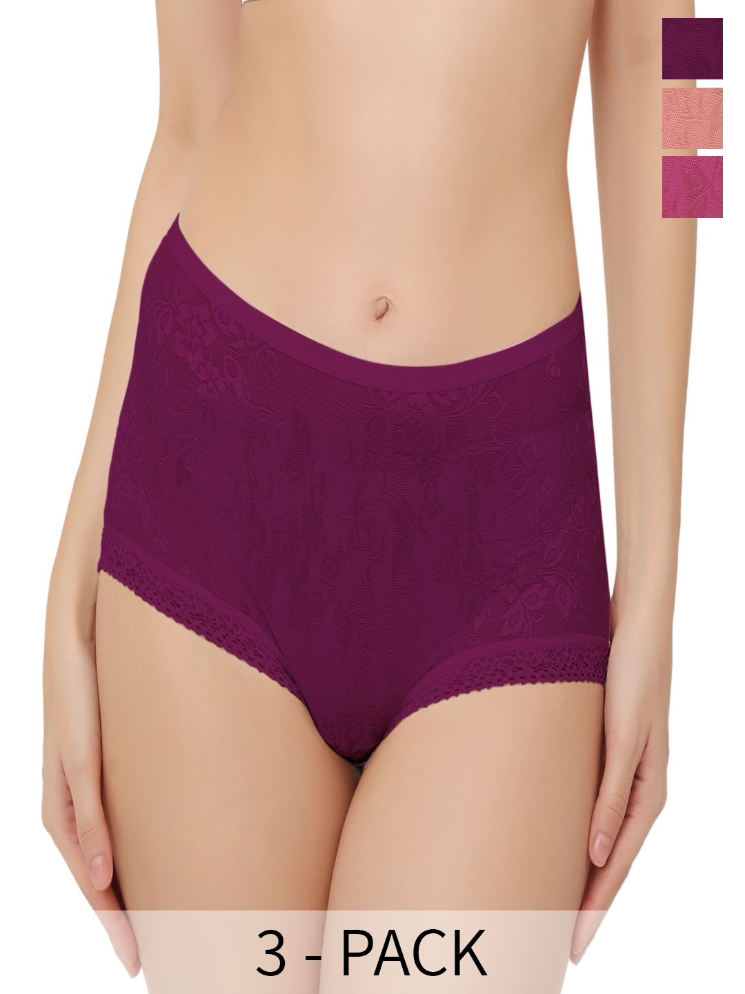 Bella Voste Pack of 3 Hipster Mid Waist  Panty Briefs PT-8807-Peach-Pink-Wine-M