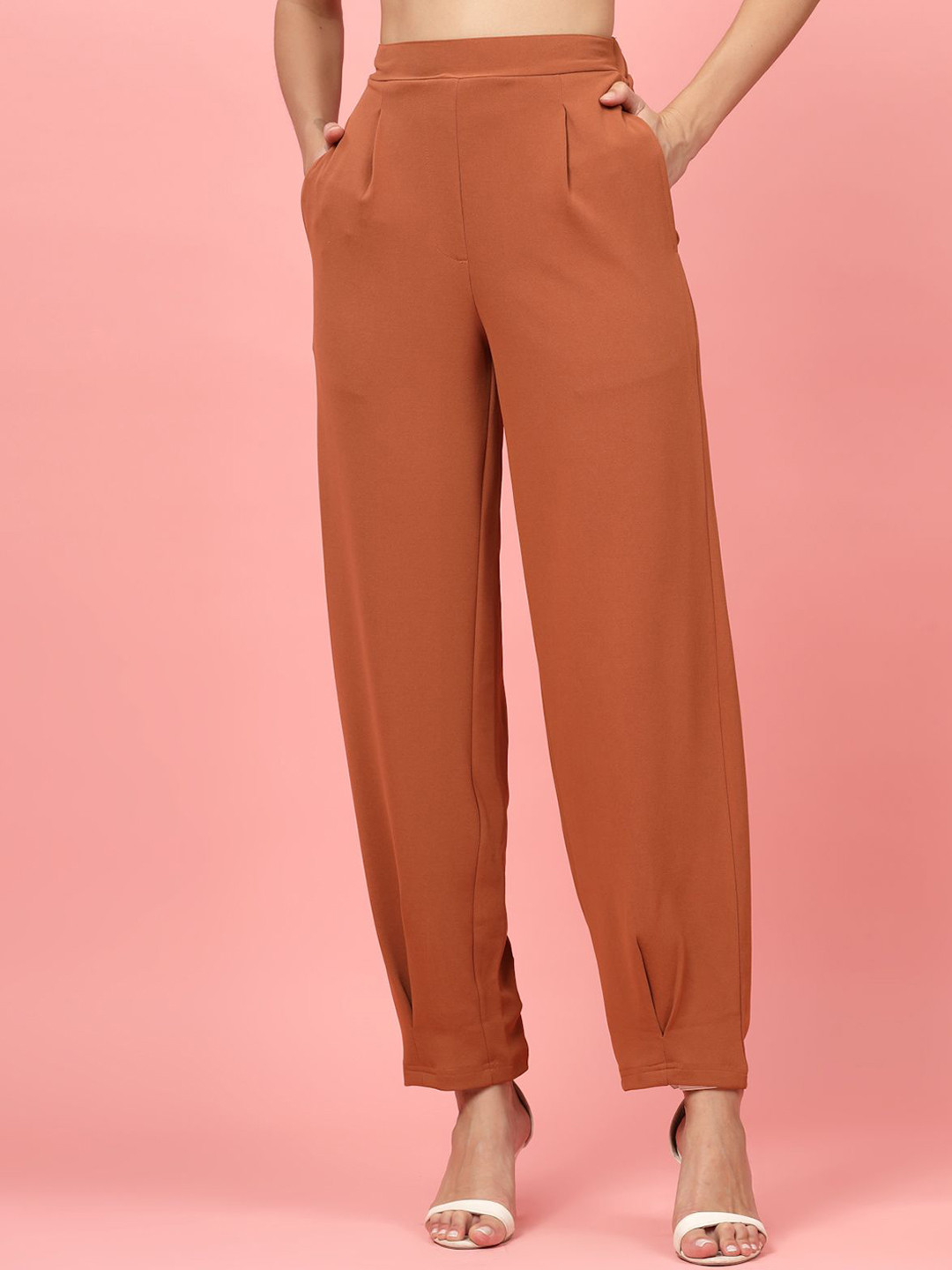 plusS Women Rust Regular Fit Mid-Rise Pleated Trousers