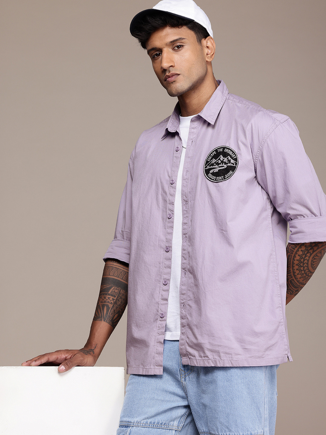 The Roadster Life Co. Relaxed Fit Drop-Shoulder Sleeves Applique Pure Cotton Casual Shirt
