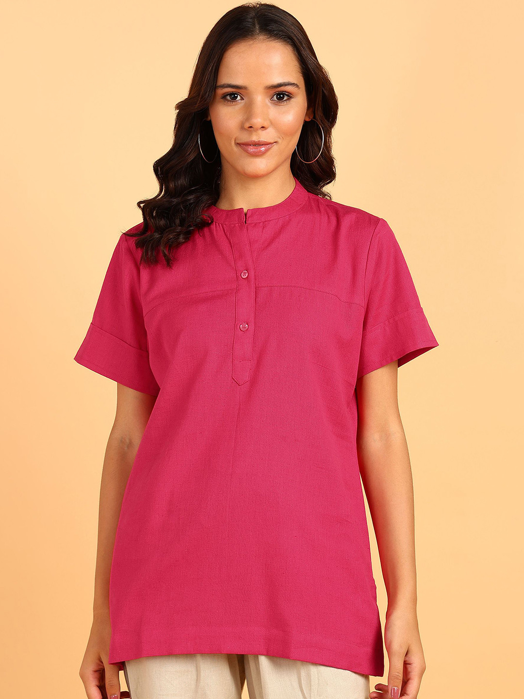 BLOCKS OF INDIA Solid Round Neck Cotton Top