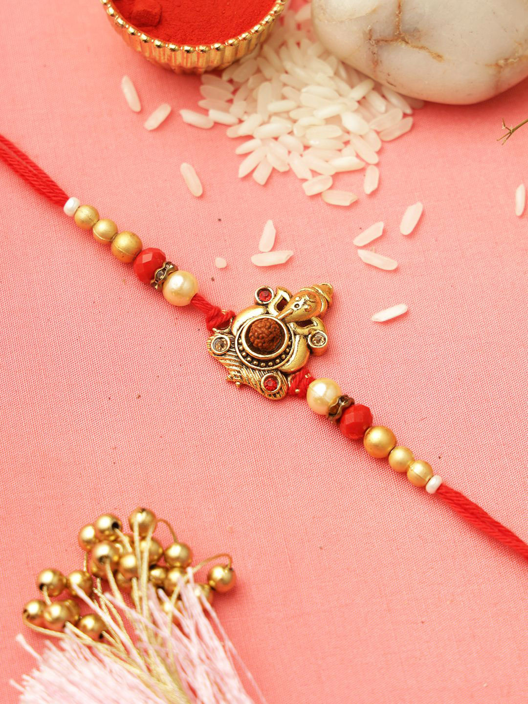 Aapno Rajasthan Divine Ganesha Rudraksh-Beaded Rakhi with Roli Chawal & Greeting Card