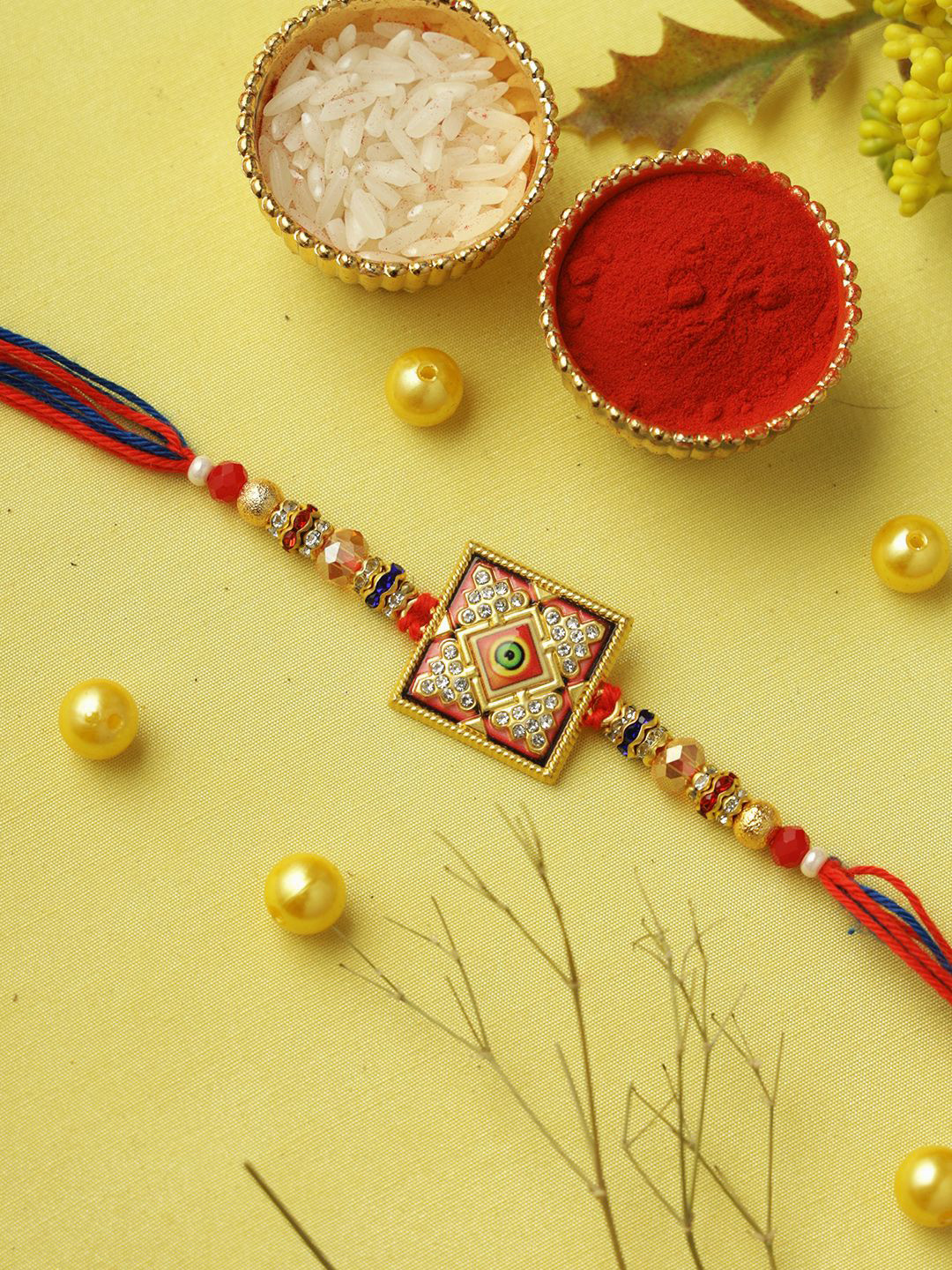 Aapno Rajasthan Stone Studded & Beadad Rakhi With Roli Chawal & Greetings Card