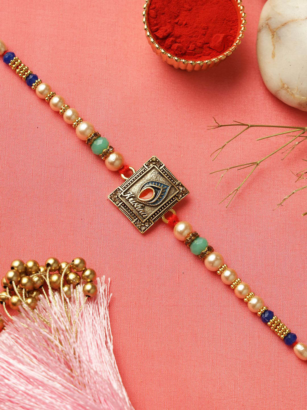 Aapno Rajasthan Krishna Charm Rakhi With Roli Chawal & Greetings Card
