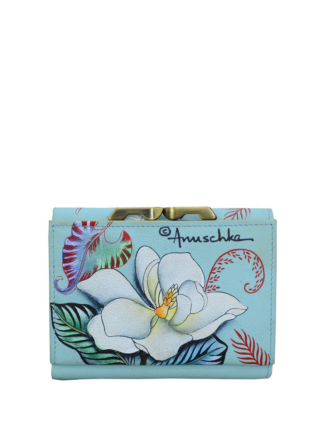 Anuschka Women Jardin Bleu Handpainted Leather Small Flap French Wallet