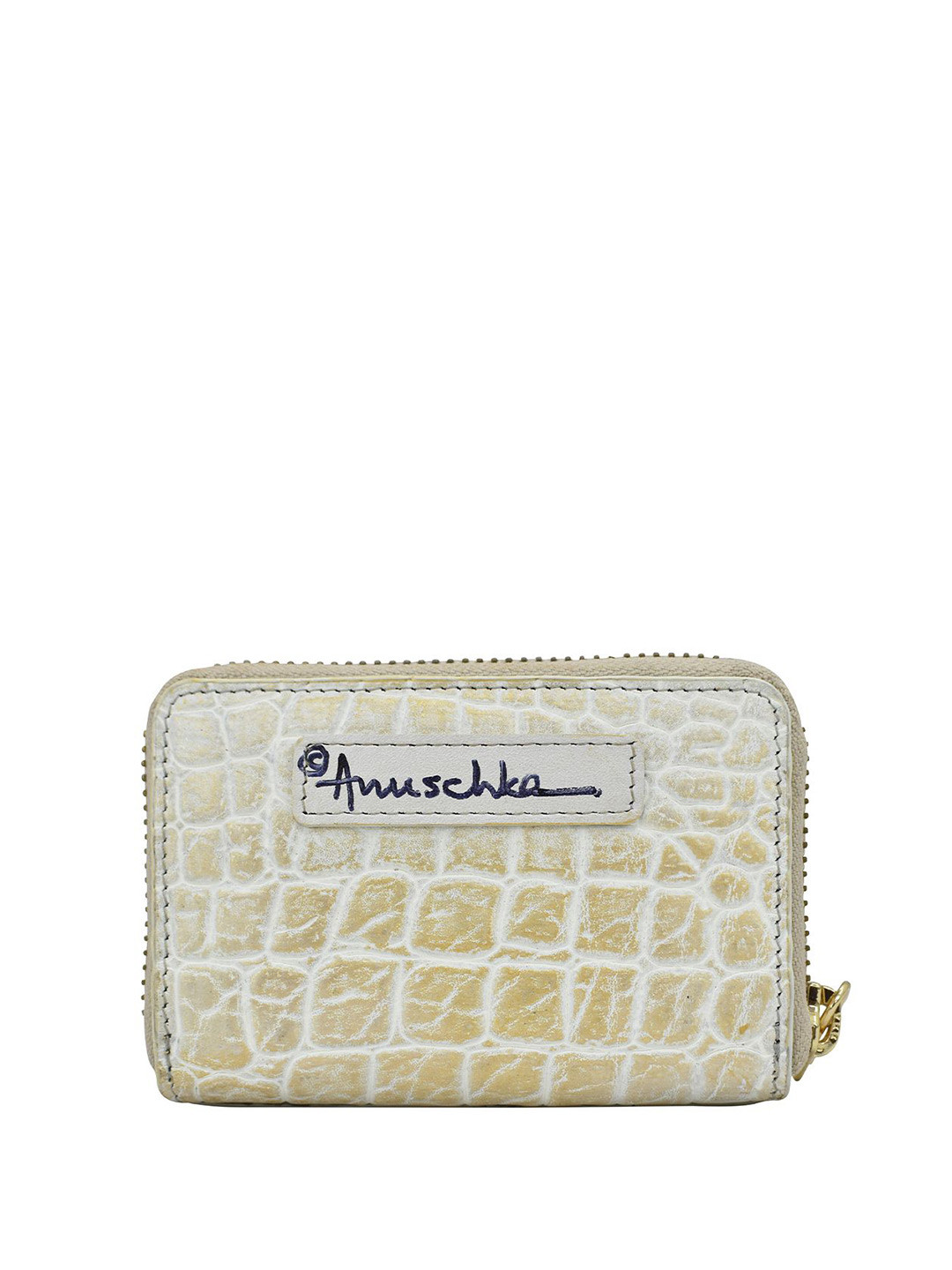Anuschka Women Croc Embossed Cream Gold Handpainted Leather Card Holder
