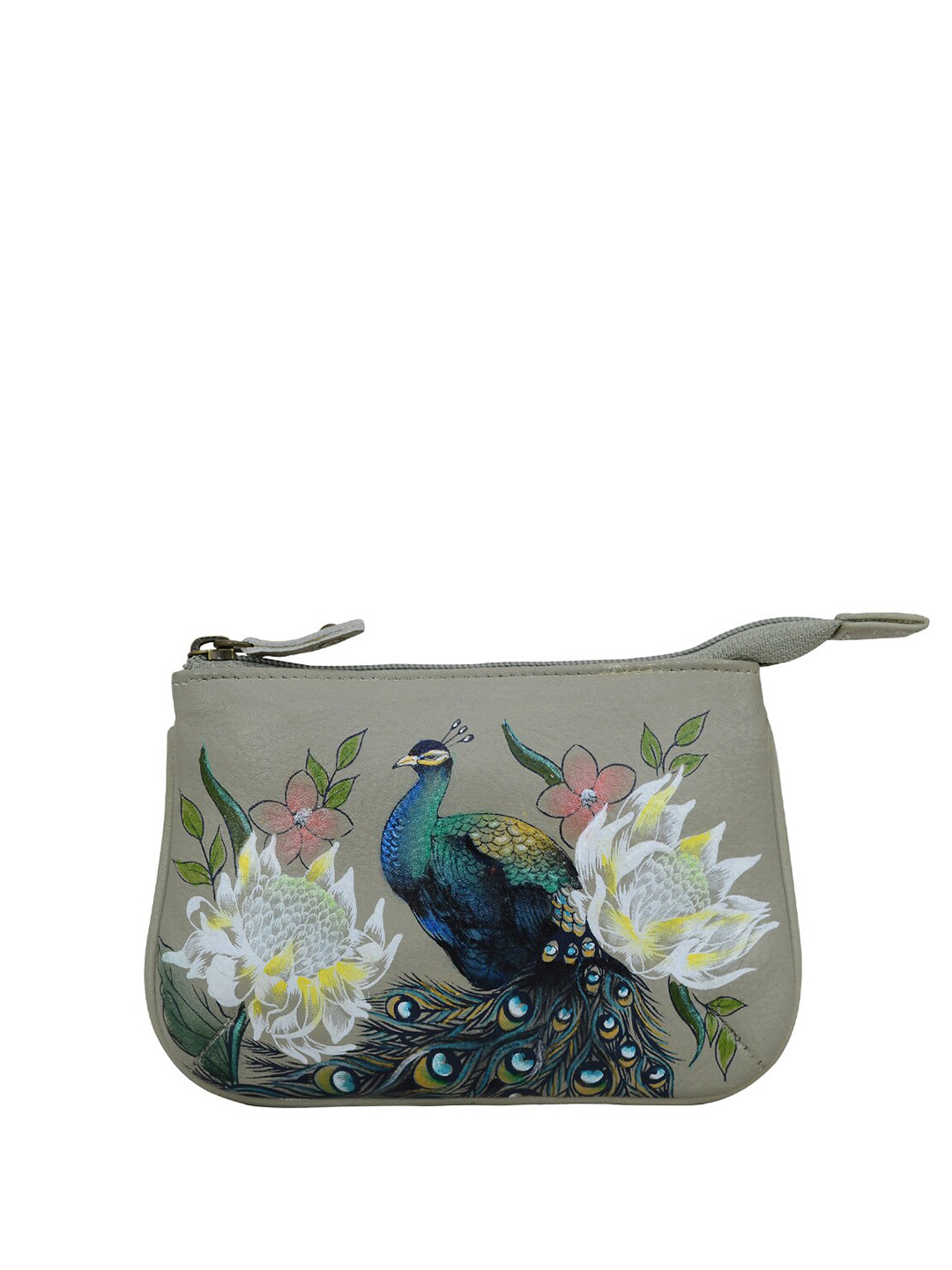Anuschka Hand Painted Regal Peacock Leather Medium Zip Pouch