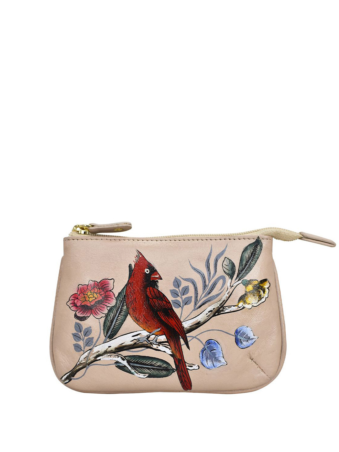 Anuschka Hand Painted Cardinal Family Leather Medium Zip Pouch