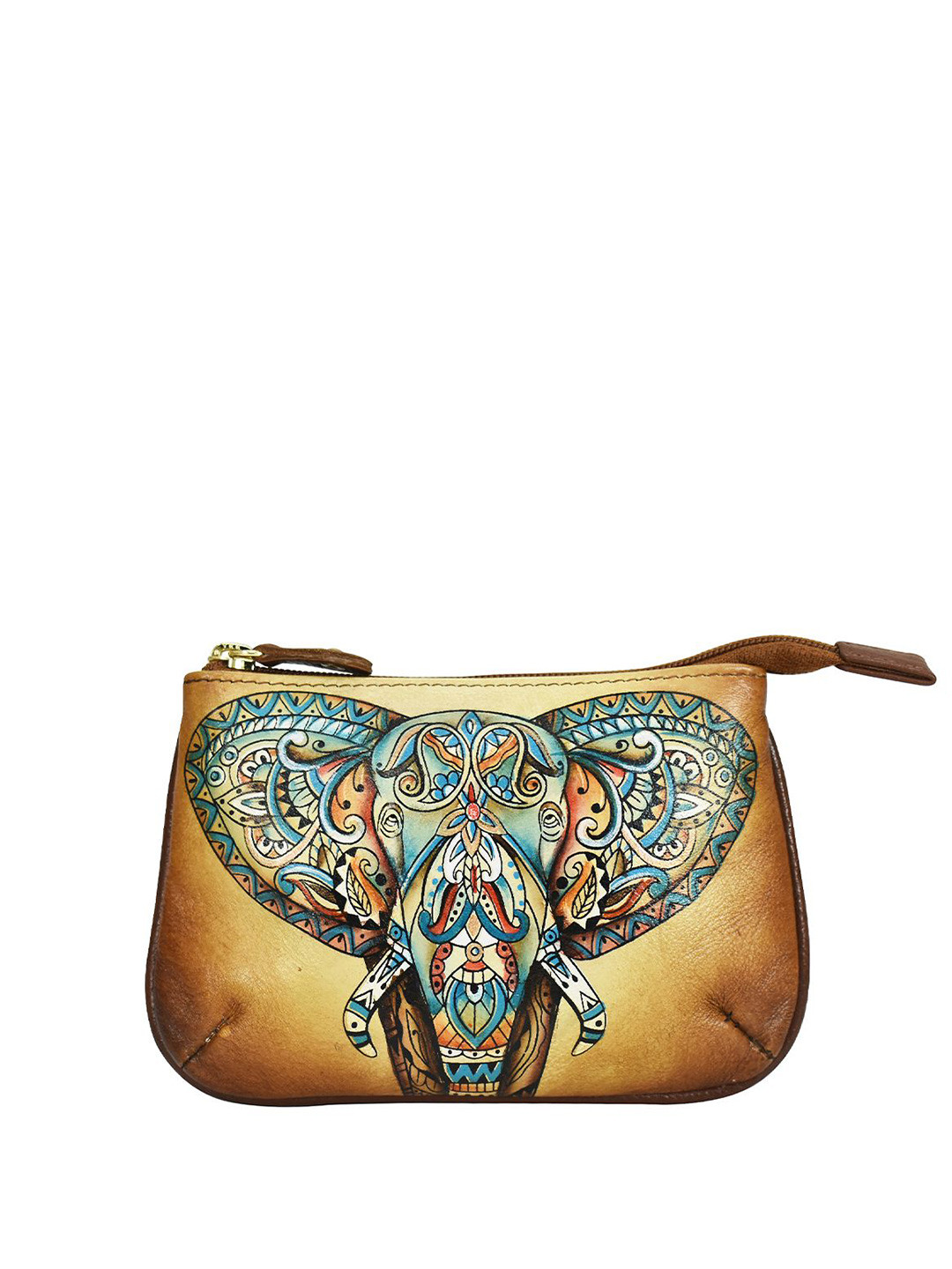 Anuschka Hand Painted Elephant Mandala Leather Medium Zip Pouch