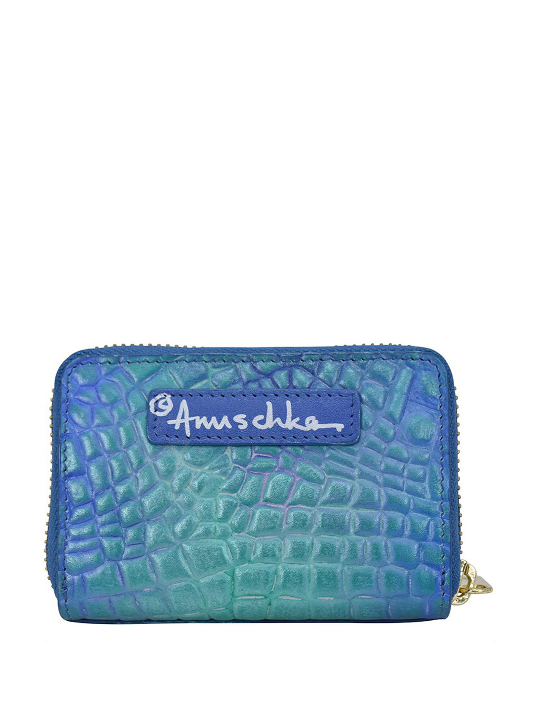 Anuschka Women Croc Embossed Peacock Handpainted Leather Card Holder