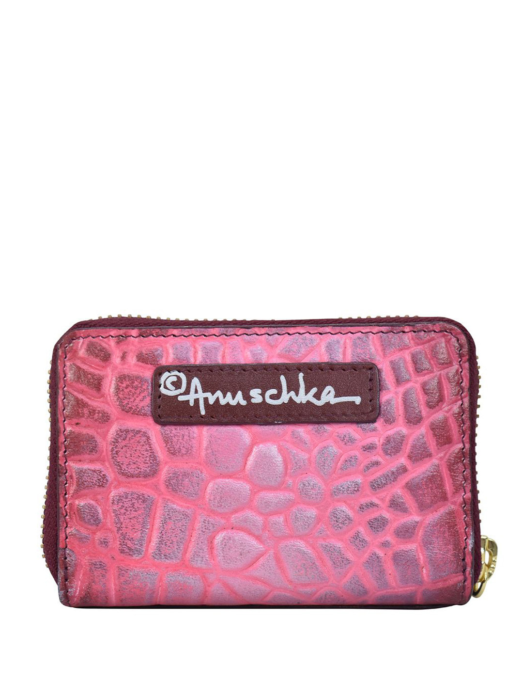 Anuschka Women Croc Embossed Berry Handpainted Leather Card Holder